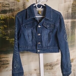 Def Jam University Womens Large Cropped Denim Jacket with Rhinestone Accents